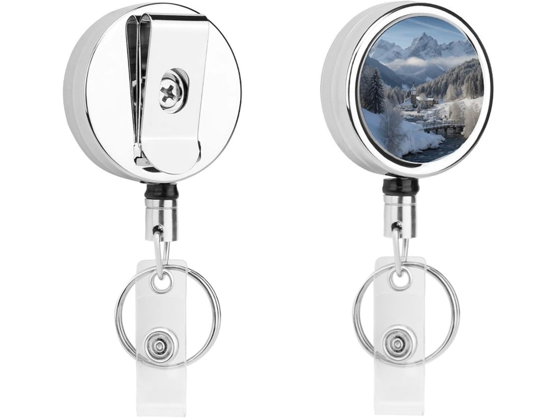 Suportes metálicos para crachás com estampa de paisagem invernal dos Alpes da Baviera, com clipes retráteis para crachás.
