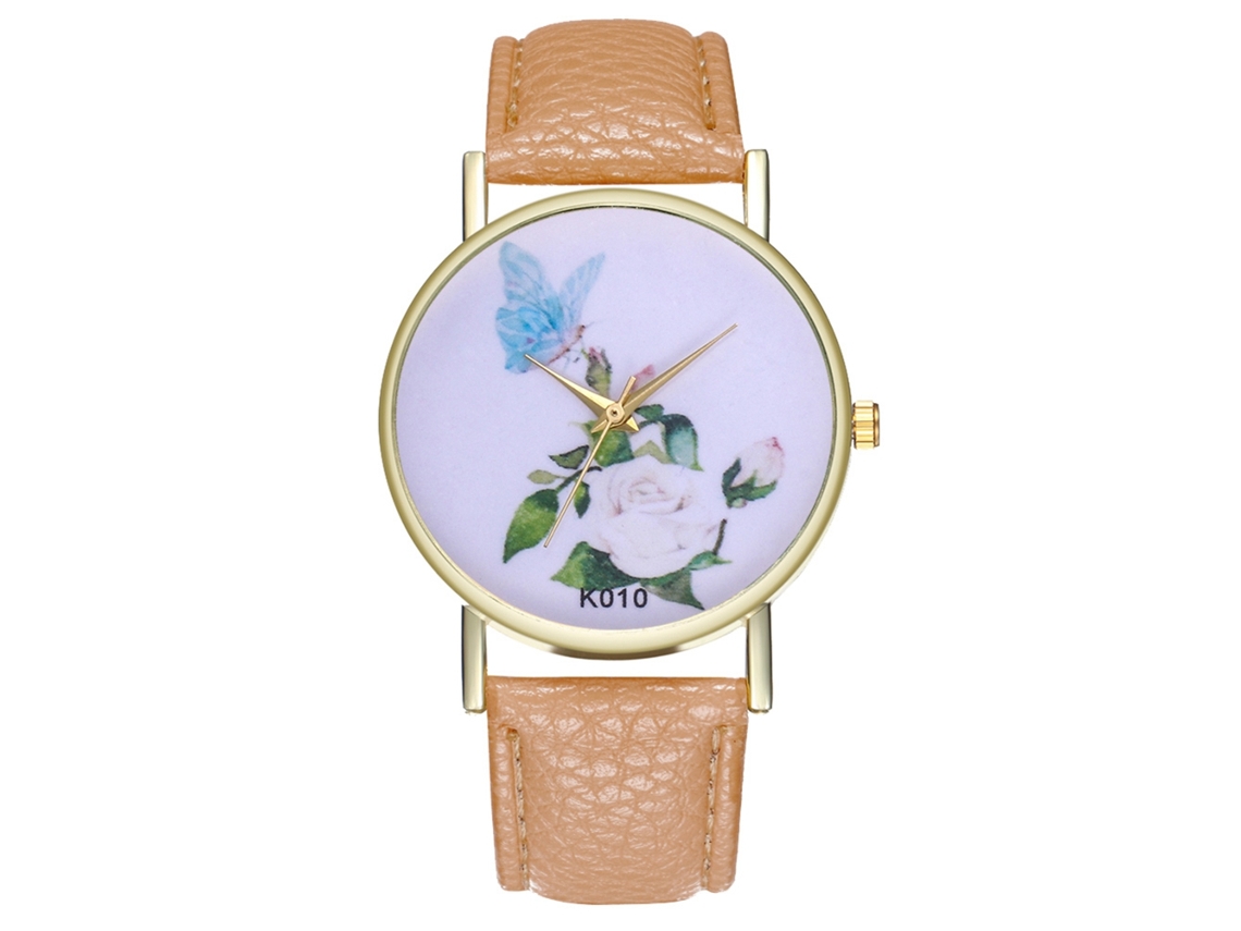 Relógio de quartzo unissex com pulseira de couro PU, mostrador floral simples Zhoulianfa (bege)