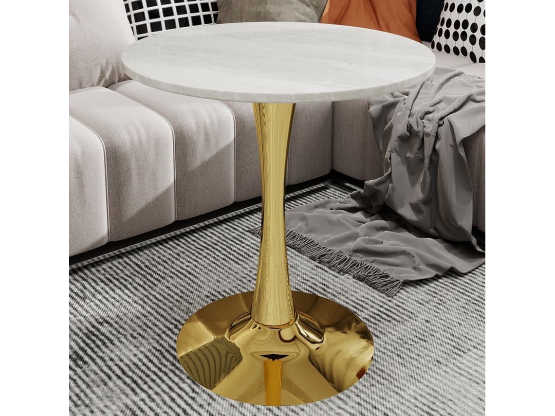 Mesa De Centro 70 Cm - Estilo Mid-century, Tampo Redondo Em Mármore - Dourado E Branco