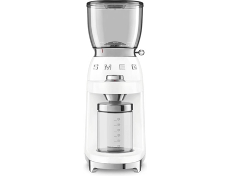 Moinho de Café SMEG CGF01PGEU (Capacidade: 130 g - 150 W - Branco) — Moinho de café com moinho cónico. 30 níveis de moagem. 8 Funções. e 1 Função Manual. Sistema anti estático. Funil com capacidade para 350 gr. Com sistema Twist&Lock. Jarro para 150 gr. Café moído