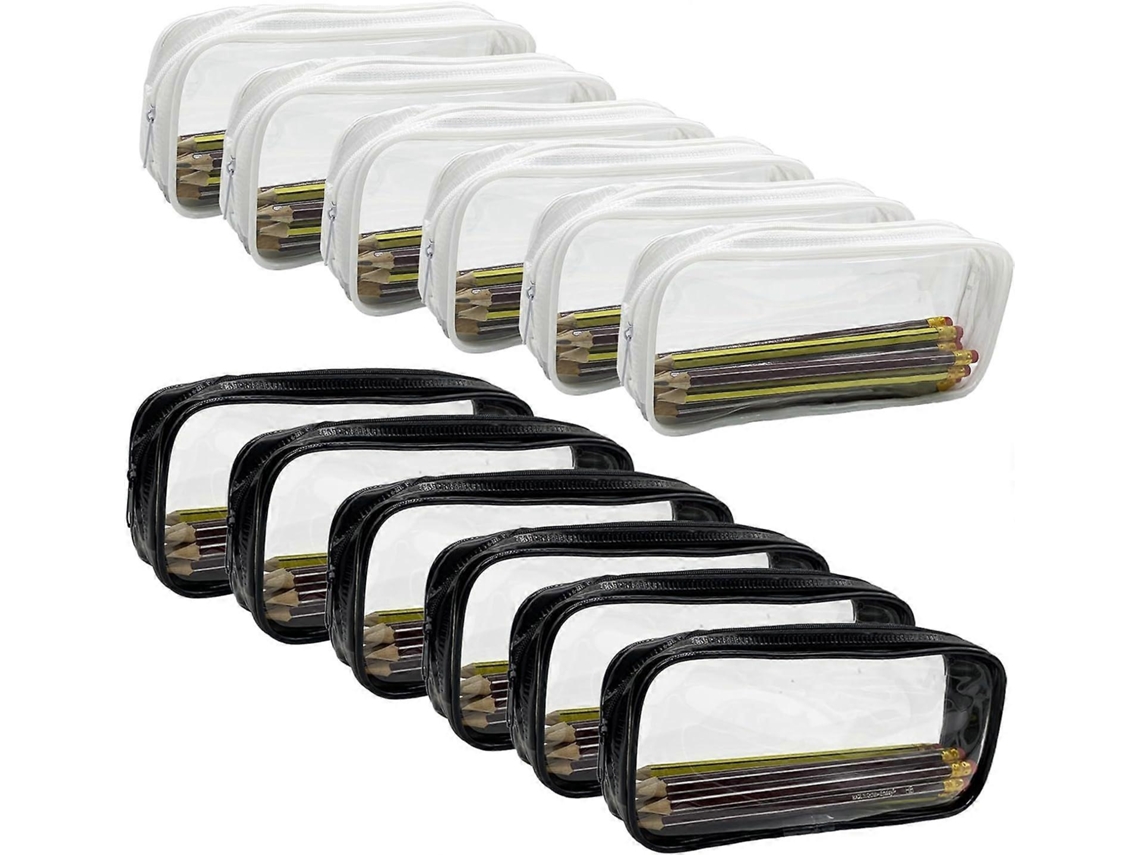 Estojo para Lápis, 12 Unidades, Transparente, com Zíper, Pvc, Preto, Branco, Escolar, Escritório AQUAFORGE