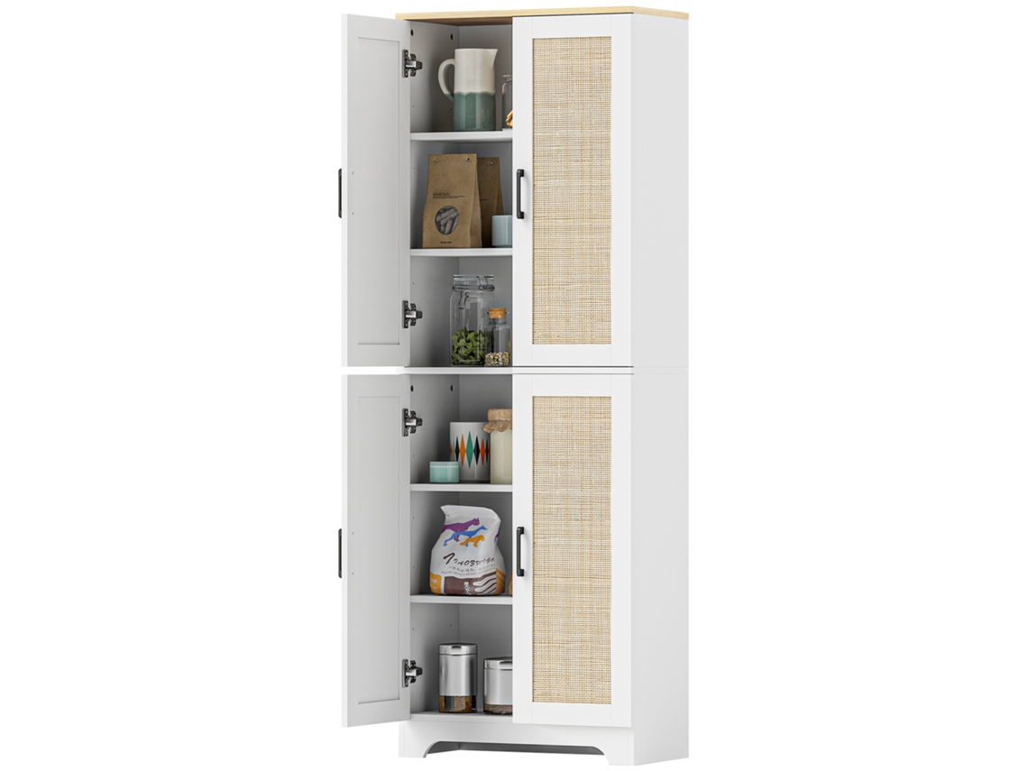 Armário De Cozinha Com Prateleiras Ajustáveis Portas Em Vime E Sistema Anti-tombo 60x30x170 Com Branco