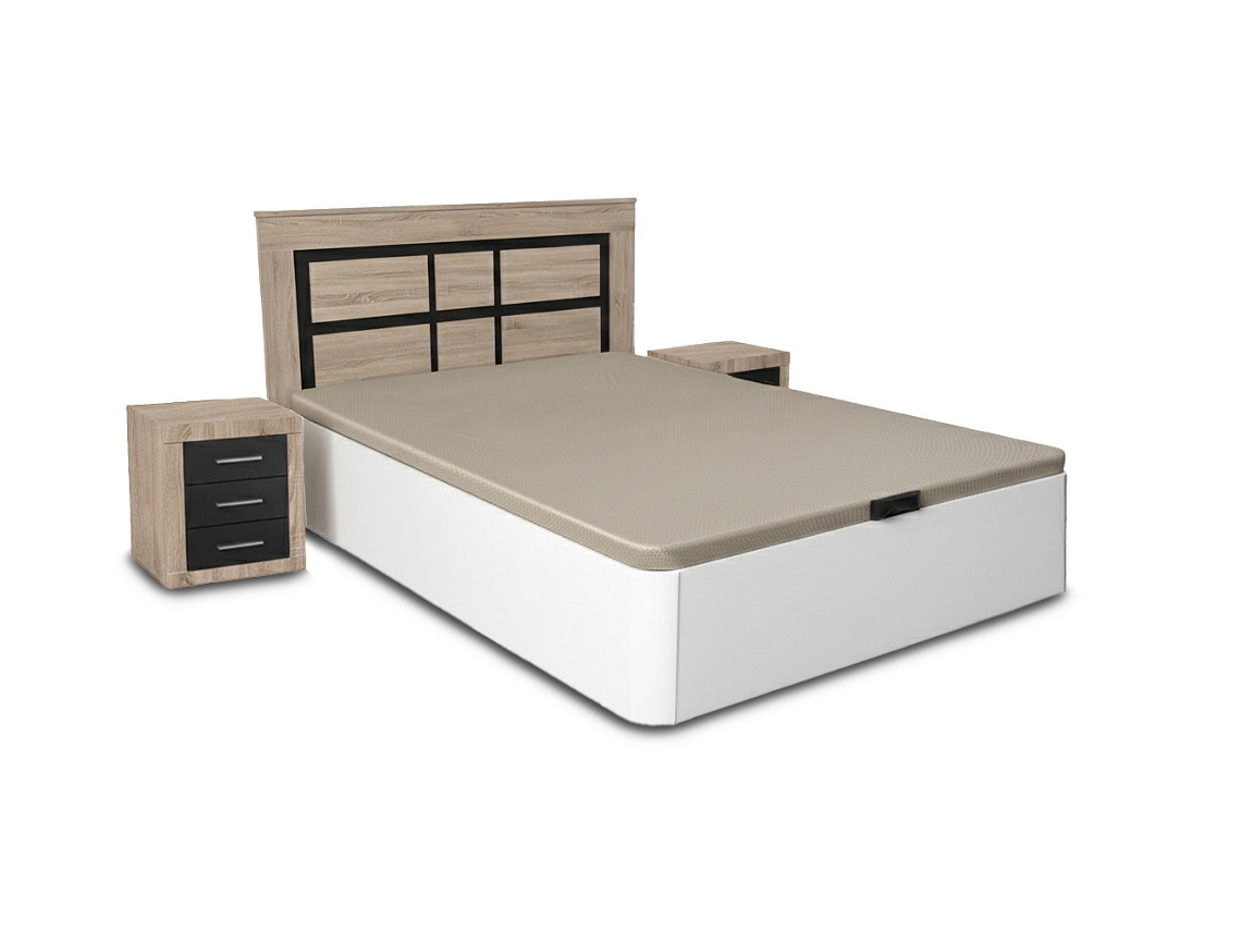 Conjunto De Cama Box Branca De 150 Cm Cabeceira E 2 Mesas De Cabeceira Em Cambria E Grafite Saldosystocks