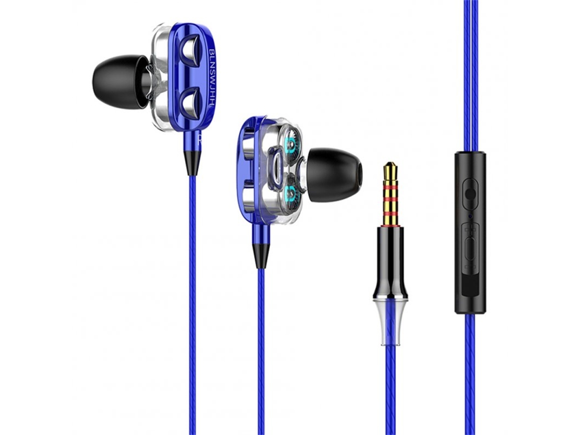 Auriculares Dual Drivers com Fio Quad-Core Dynamic Hi-Fi com Microfone Alto-Falante para Huawei Xiaomi Blue