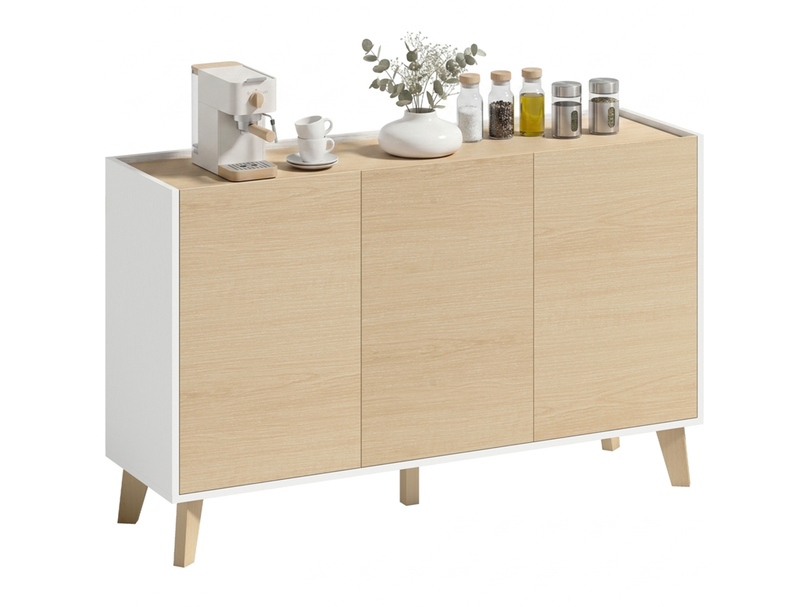 Buffet de Cozinha Nórdico com 3 portas com fecho suave, 6 compartimentos, madeira natural e branco BTFORUS