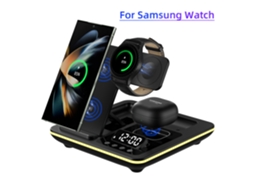 Suporte de Secretária SFUSHOS para Telemóvel com Carregador Sem Fios Multifunções Dobrável 3 em 1 (versão Samsung, Cor Preta)