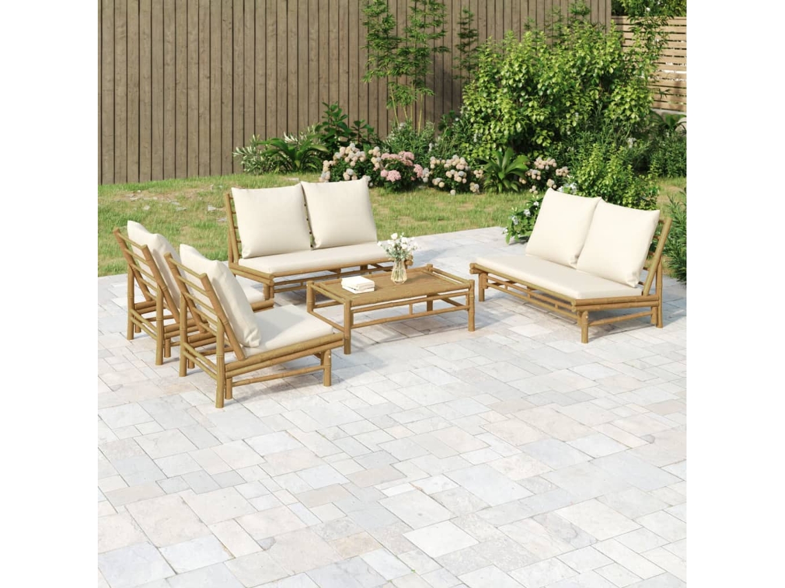 Vidaxl 5 Pcs Conjunto Lounge De Jardim Bambu C/ Almofadões Branco Nata