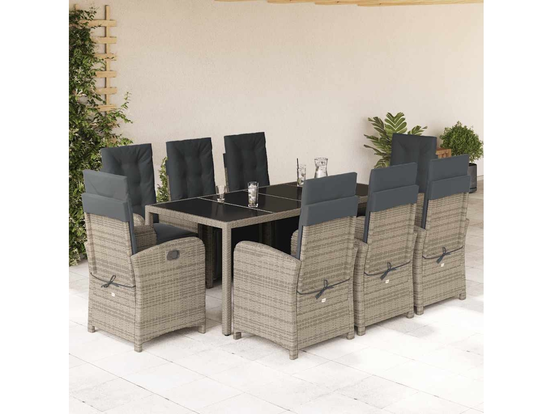 Vidaxl 9 Pcs Conjunto De Jantar P/ Jardim C/ Almofadões Vime Pe Cinza