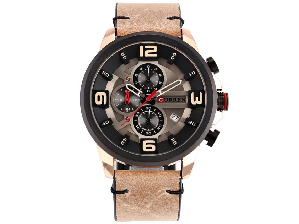 Relógio de pulso masculino Curren com seis ponteiros, calendário, pulseira de couro PU, movimento de quartzo e resistência à água.