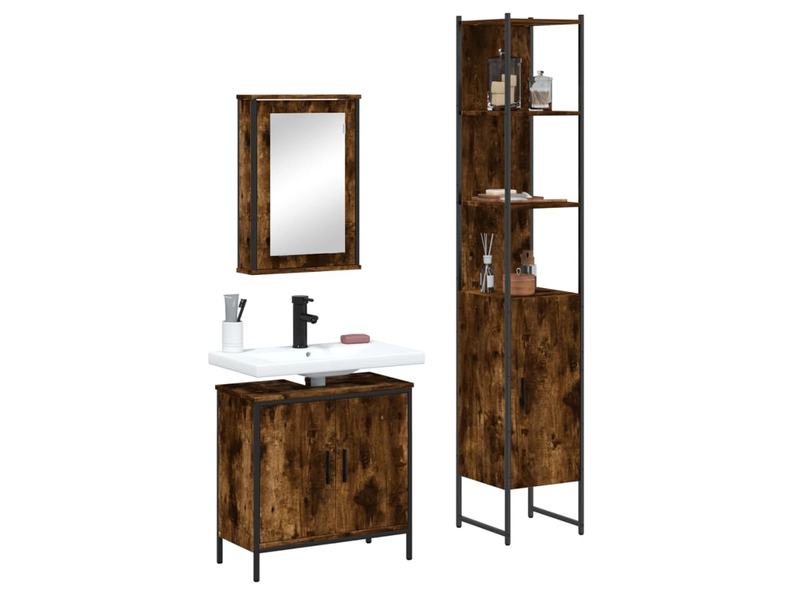 Vidaxl 3 Pcs Conjunto De Móveis Wc Madeira Processada Carvalho Fumado