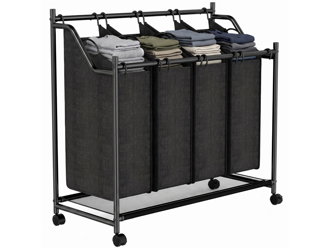 Preto, Com 4 Compartimentos E Rodas, 108 L, Cesto De Roupa Suja Com Alça