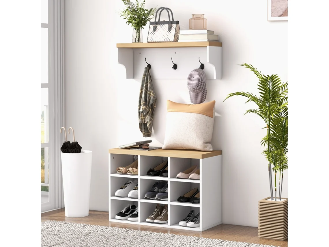 Conjunto de Móveis de Entrada 2 em 1 com Cabide de Parede, Banco para Sapatos, 3 Ganchos e 9 Nichos 75x30x50cm Branco e Carvalho