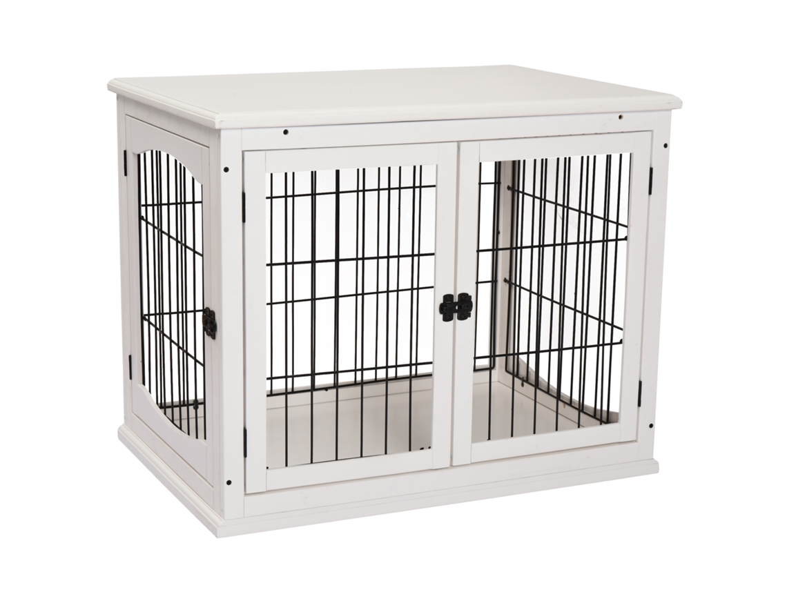 Caixa De Transporte Para Cães, 58,5 Cm X 81 Cm X 66 Cm, Com Portas, Em Madeira Mdf E Ferro, Branca.