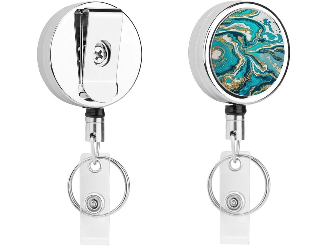 Porta Crachá Retrátil De Metal Com Clipe, Em Tons De Mármore Azul Turquesa E Dourado, Portátil, Com Cordão De Nylon E