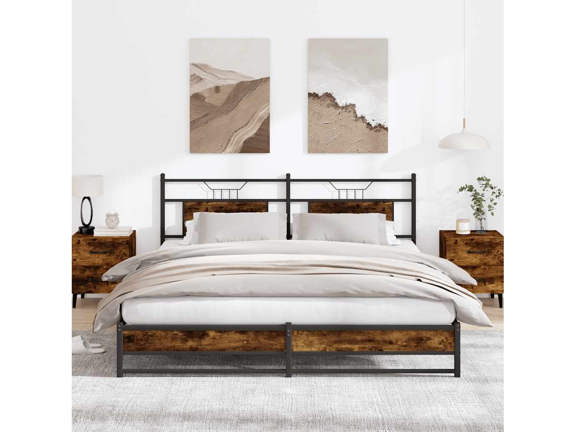 Cama De Casal Sem Colchão 183x213cm Metal Carvalho Fumado