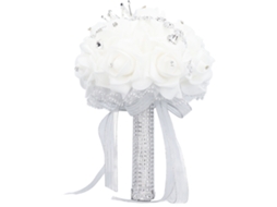 Buquê de Noiva com Coroa 27cm Pu Renda Cetim Flores Artificiais Madrinha Casamento Prata