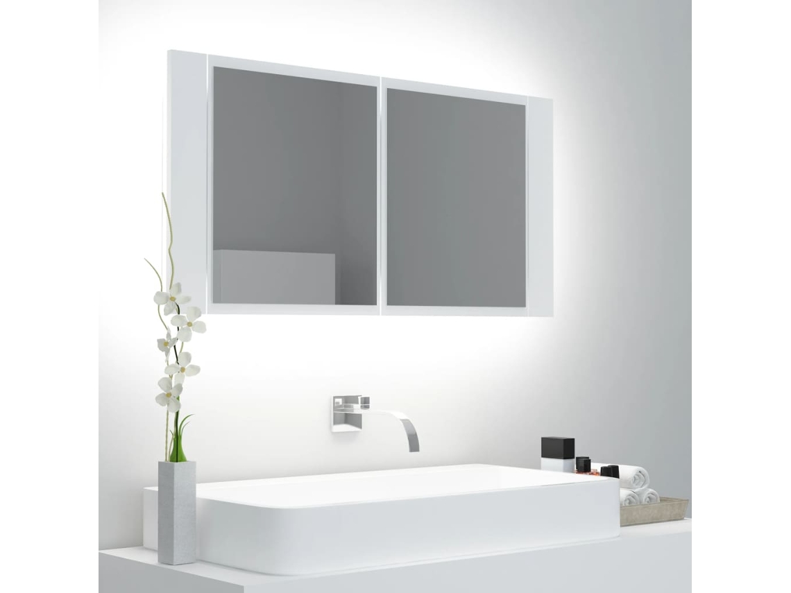 Vidaxl Armário Espelhado Casa De Banho Led 90x12x45 Cm Acrílico Branco