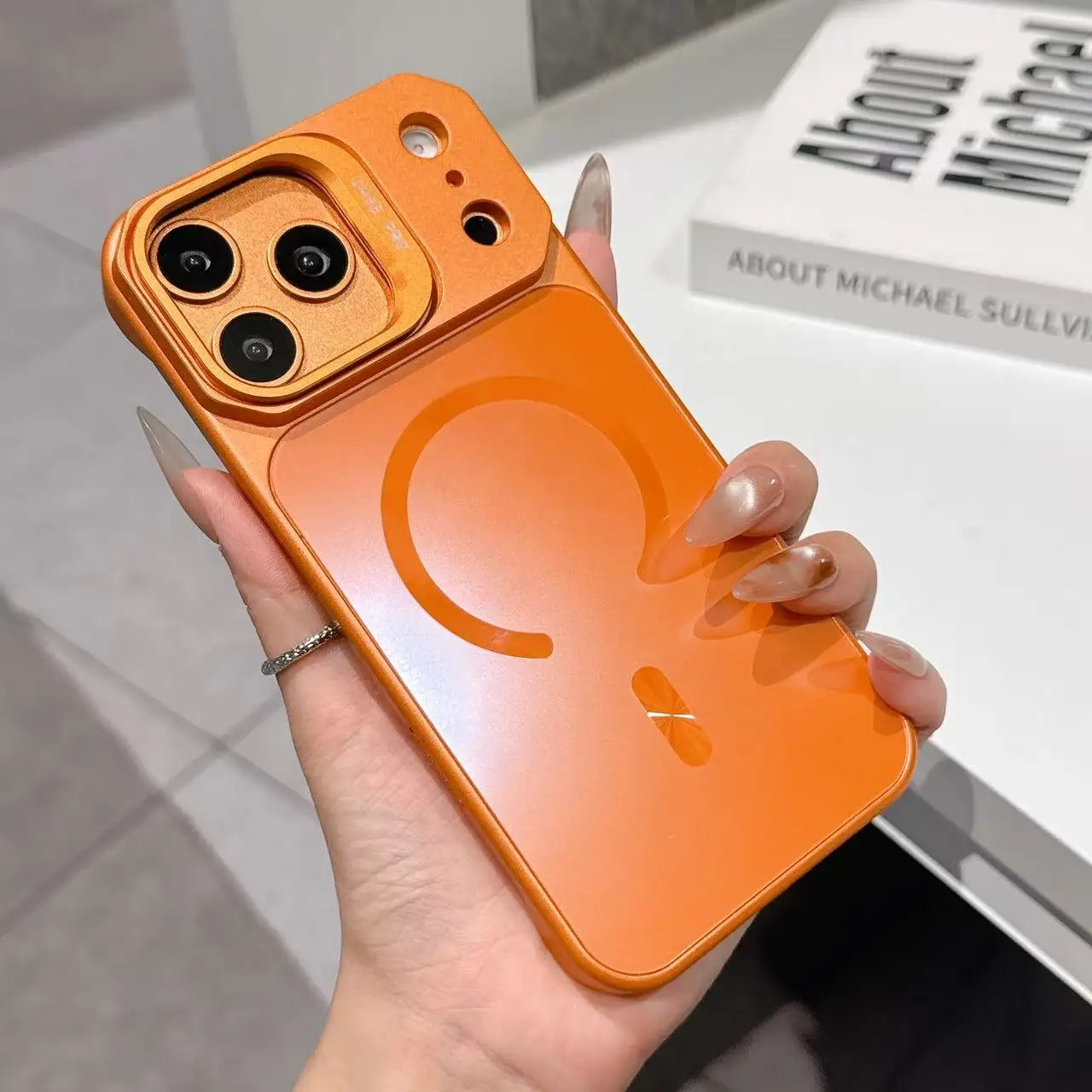 Capa Protetora Fosca De Vidro Nano (laranja) Para Iphone 14 Pro Max Suporte, Compatível Com Carregamento Sem Fio.