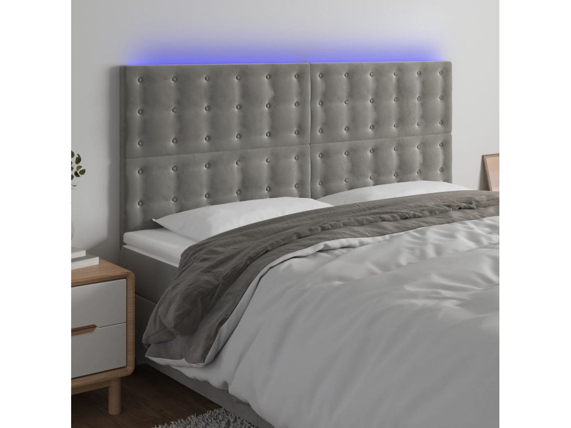 Vidaxl Cabeceira Cama C/ Luzes Led Veludo 200x5x118/128cm Cinza claro