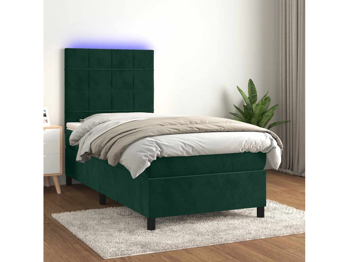 Vidaxl Cama Box Spring C/ Colchão/led 90x200 Cm Veludo Verde-escuro