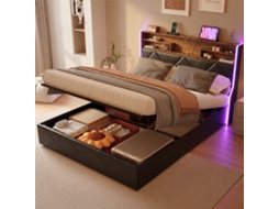 Cama De Casal Estofada De 160 X 200 Cm Com Espaço De Arrumação Hidráulica, Com Estação De Carregamento Led E Usb, Cama Funcional, Sem Colchão