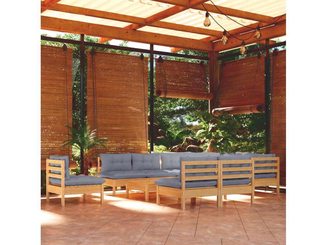 Vidaxl 11pcs Conjunto Lounge De Jardim + Almofadões Cinza Pinho Maciço