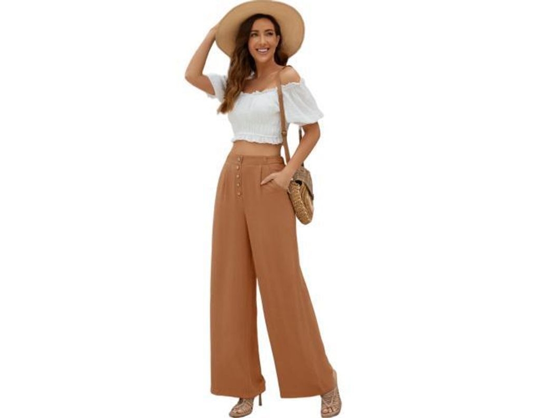 2026 calças Largas de Algodão e Linho para Mulher Cintura Alta com Bolsos Verão Flowy Casual XXL Camello