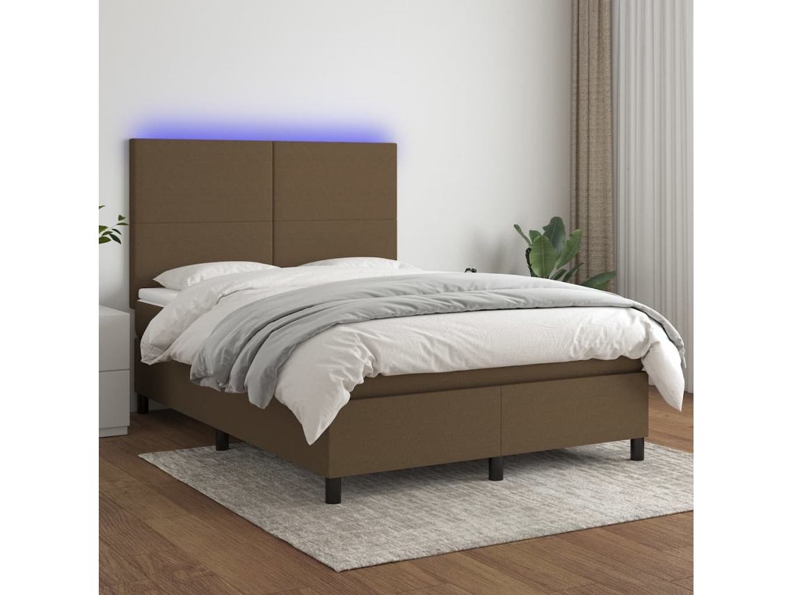 Vidaxl Cama Box Spring C/ Colchão/led 140x190cm Tecido Castanho-escuro