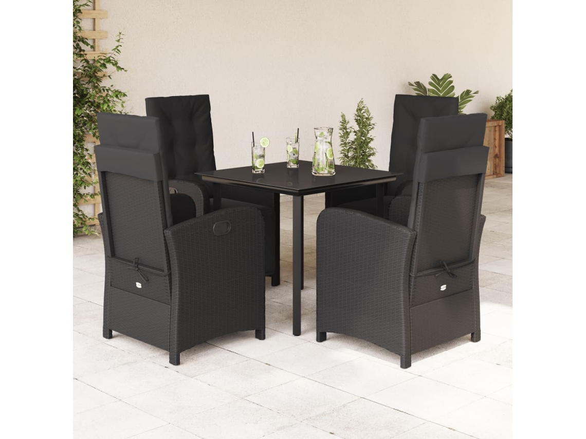 Vidaxl 5 Pcs Conjunto De Jantar P/ Jardim C/ Almofadões Vime Pe Preto