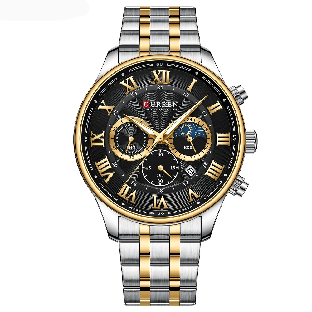 Relógio Cronógrafo Esportivo Masculino (prateado E Dourado), Relógio De Luxo Em Aço Inoxidável Com Luminescência.