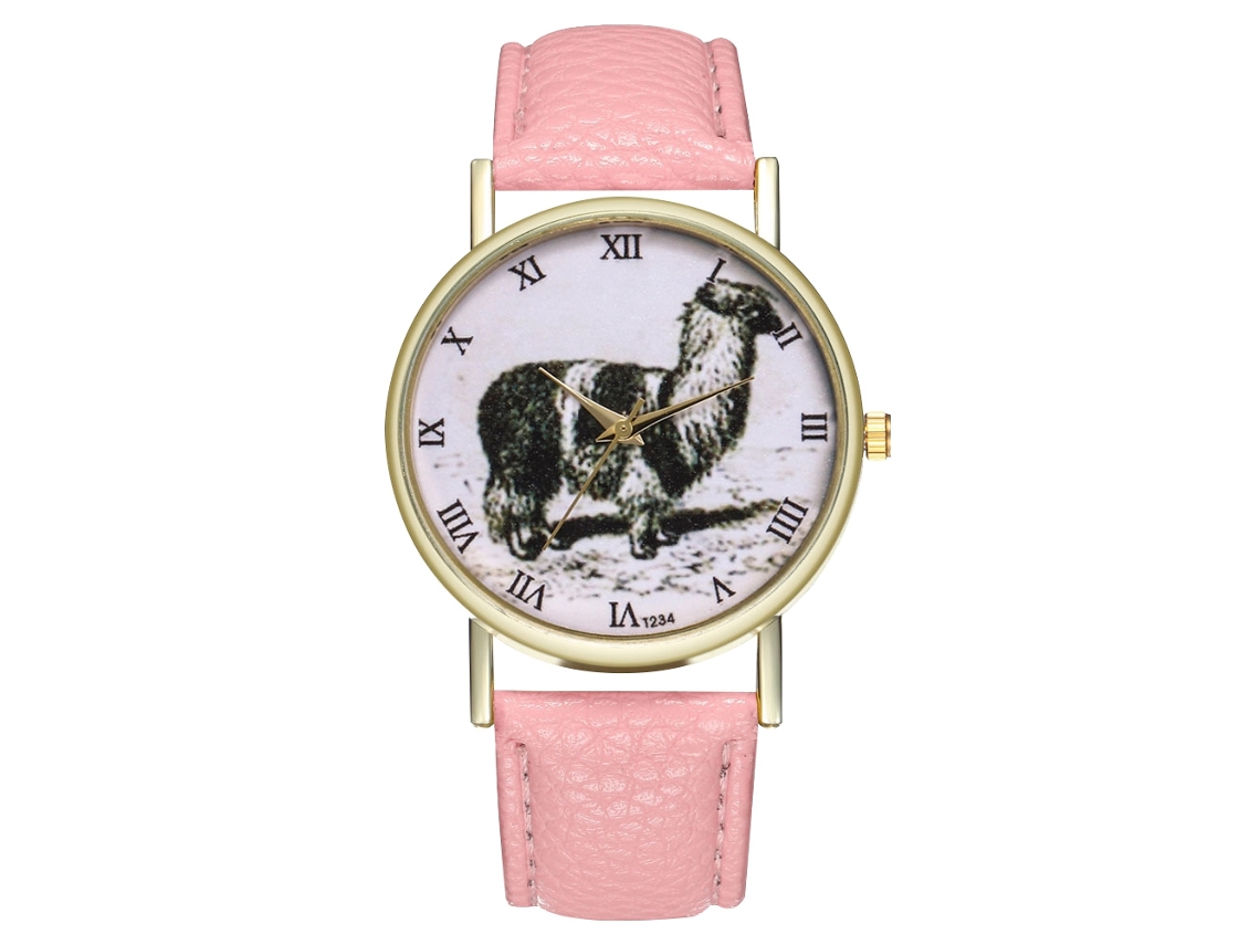 Relógio de pulso Zhoulianfa unissex com mecanismo de quartzo, pulseira de couro sintético e estampa animal rosa.