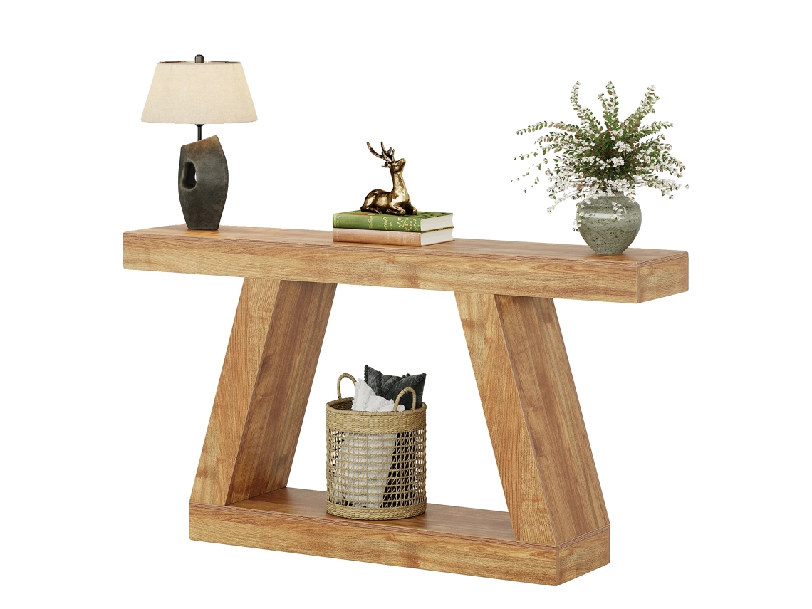 Mesa De Console, Estilo Industrial Rústico, Armazenamento Em 2 Níveis, Bege