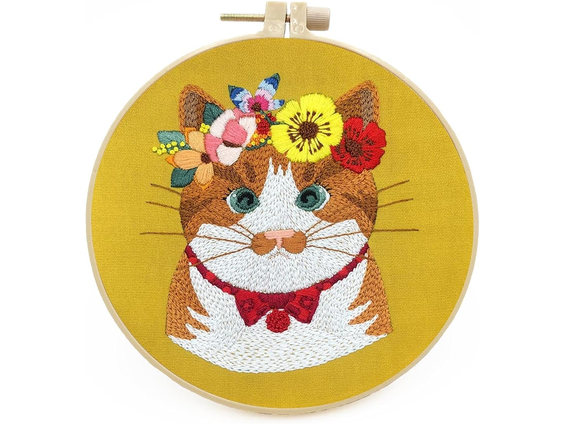 Kit De Bordado Para Iniciantes Adultos Amarelo Com Tecido De Gato Slowmoose