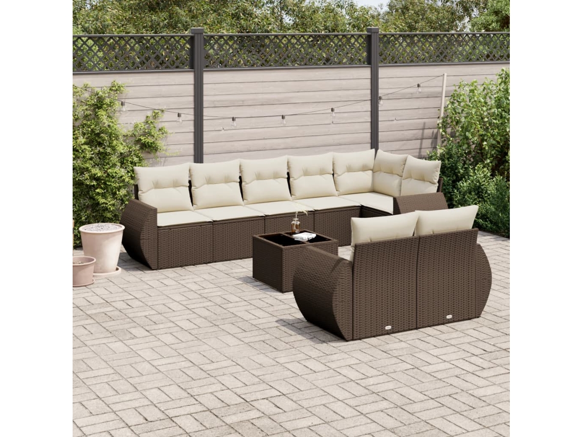 Vidaxl 9 Pcs Conjunto Sofás P/ Jardim C/ Almofadões Vime Pe Castanho