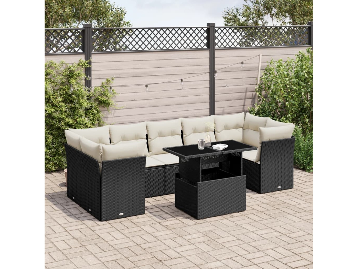 Vidaxl 8 Pcs Conjunto Sofás De Jardim Com Almofadões Vime Pe Preto