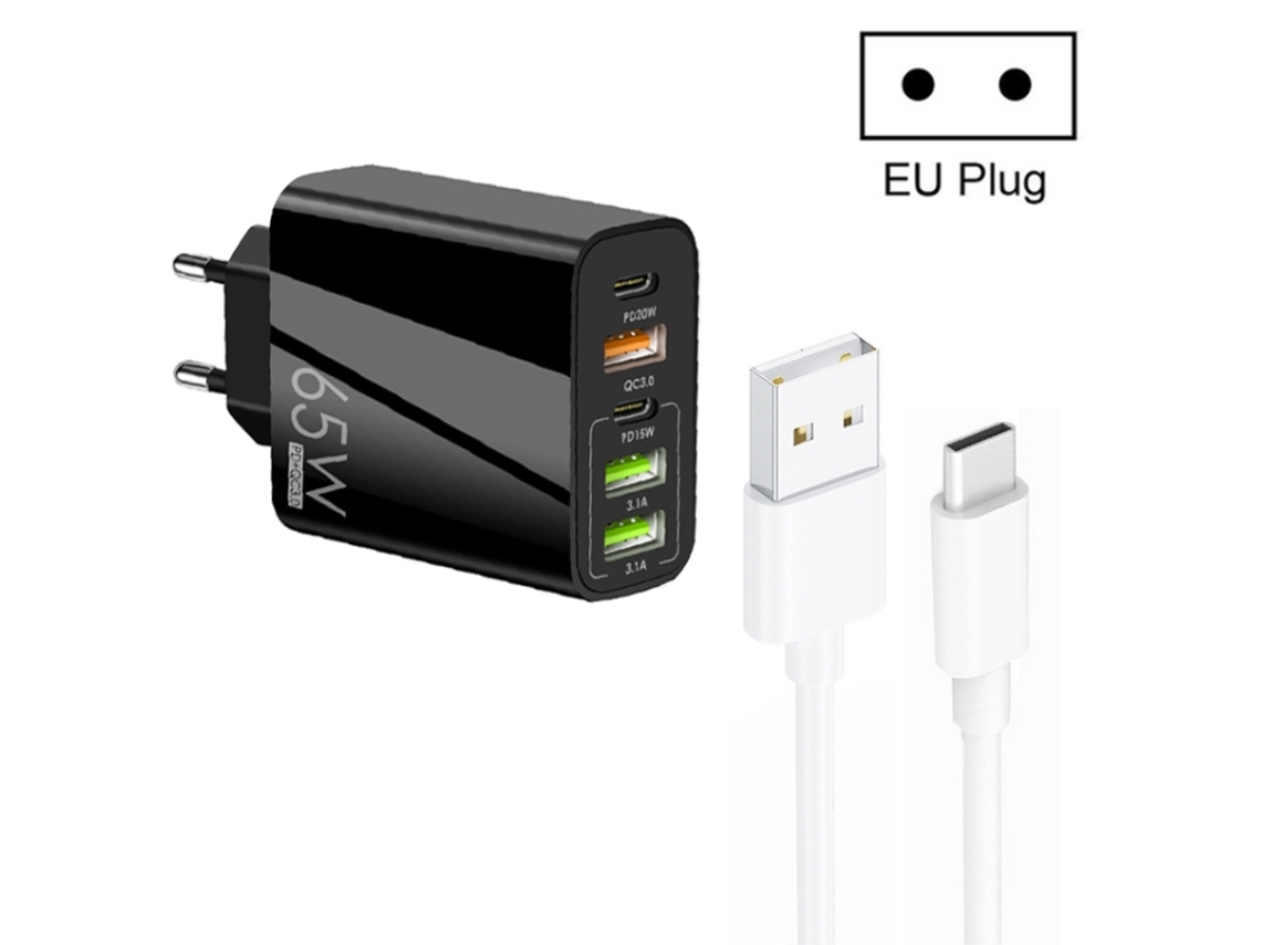 65w Dual Pd Tipo C + 3 Usb multiporta com 3a Usb para Cabo de Dados Tipo C, plugue UE preto XIAOMOYU
