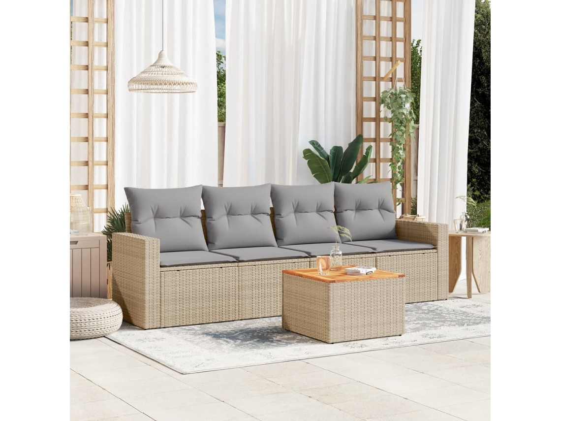 Vidaxl 5 Pcs Conjunto De Sofás P/ Jardim Com Almofadões Vime Pe Bege