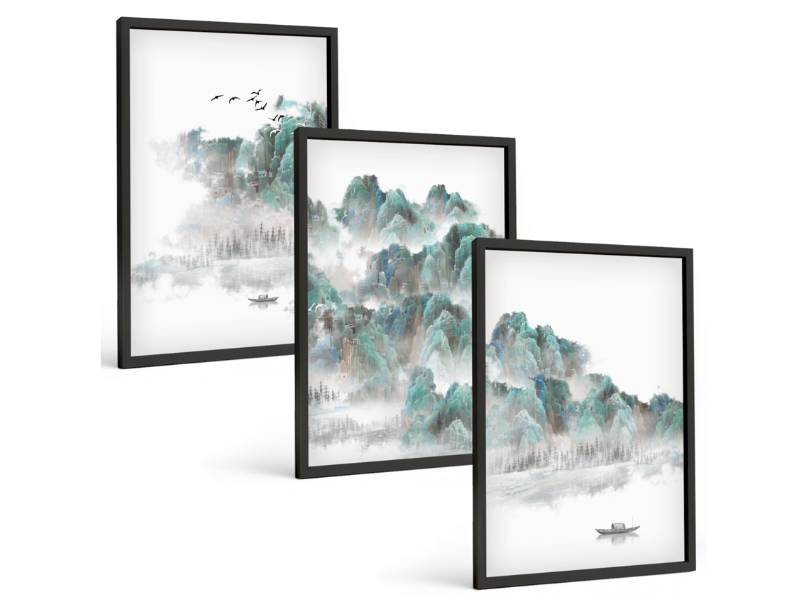 Conjunto De Pinturas Montanhas Nuvens Pássaros Barco Japão Espelharte (3 Peças 40x60 Cm)