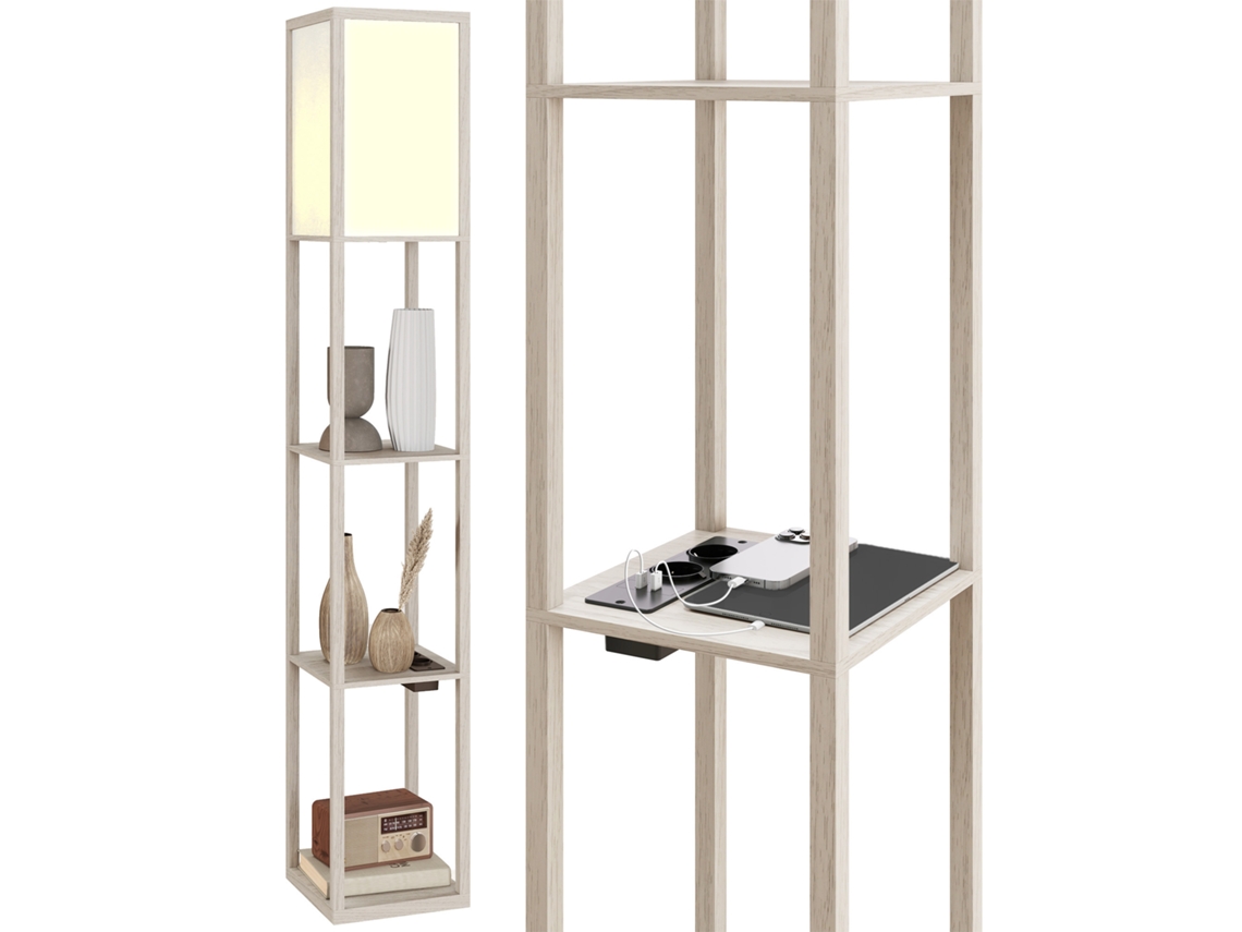 Luminária de Chão com Prateleiras,luz Ajustável,interruptor de Pé e Portas Usb,branco e Carvalho BTFORUS