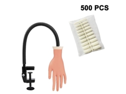 Mão Modelo para Prática de Unhas com 500 Dicas Falsas, Mão Artificial Flexível para Treinamento de Manicure