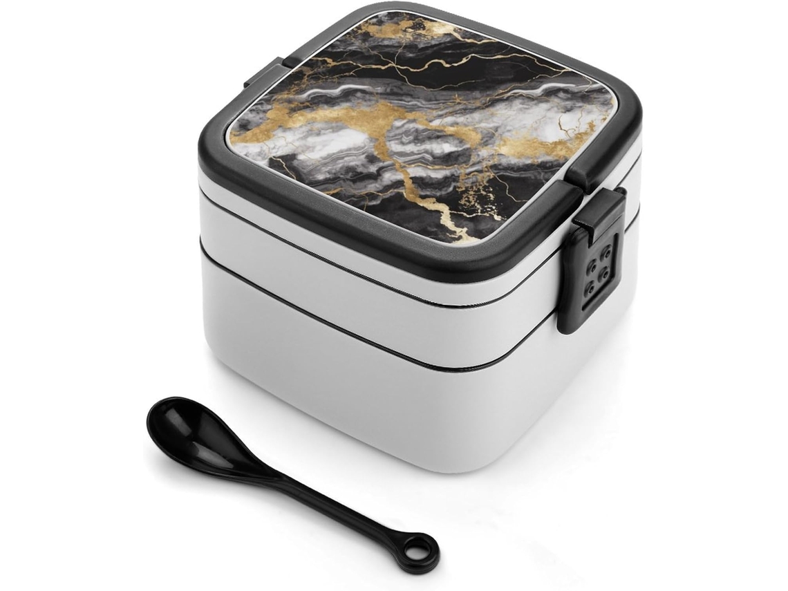 Marmita Bento De Dupla Camada Em Mármore Preto E Branco Com Folha Ouro, Design Minimalista Moderno E Empilhável, À Prova
