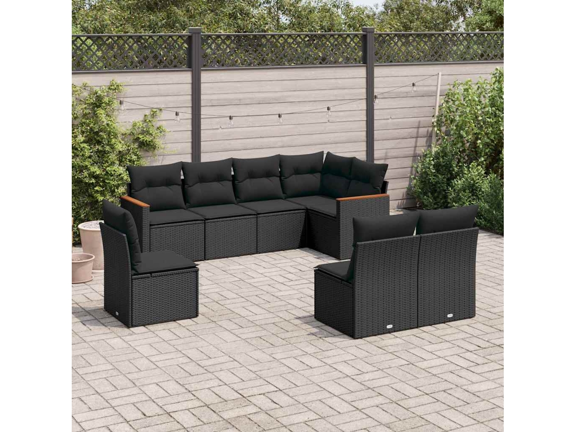 Vidaxl 8 Pcs Conjunto Sofás De Jardim Com Almofadões Vime Pe Preto