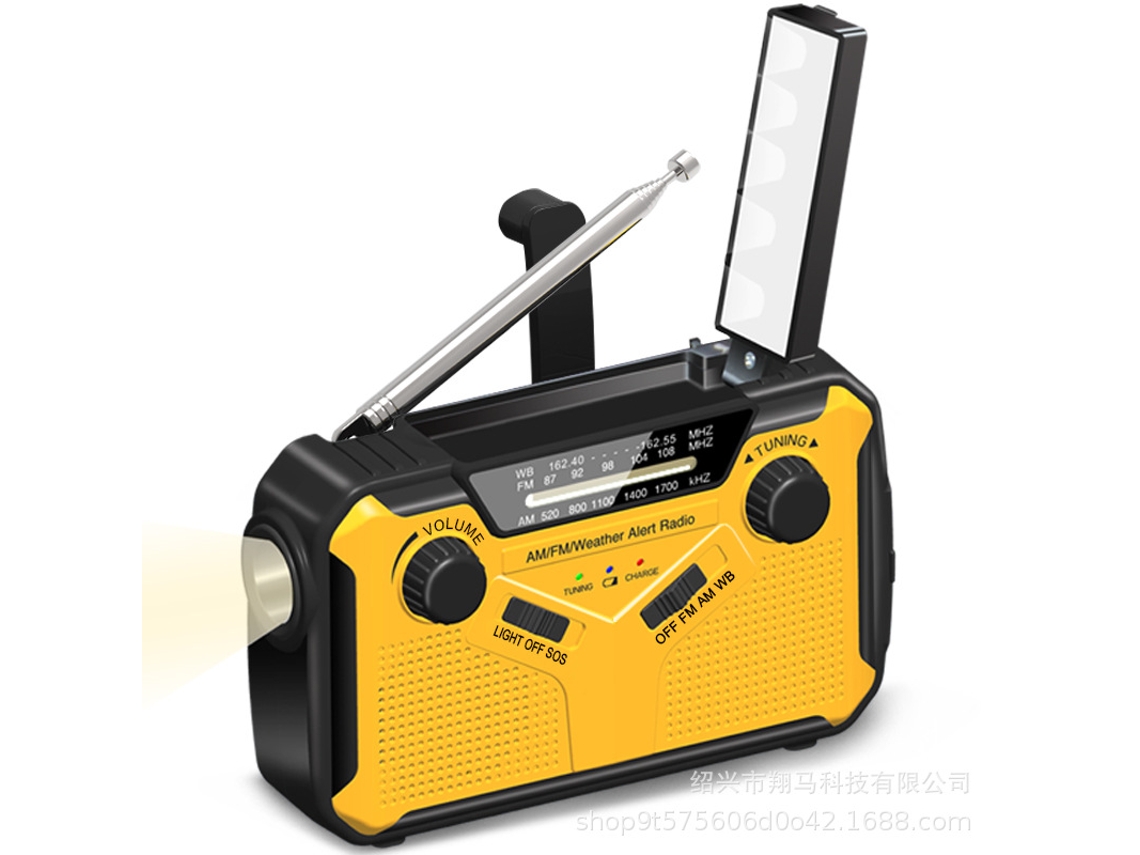 Rádio de emergência multifuncional AQUAFORGE am/fm/wb com carregamento solar, manivela, lanterna, amarelo