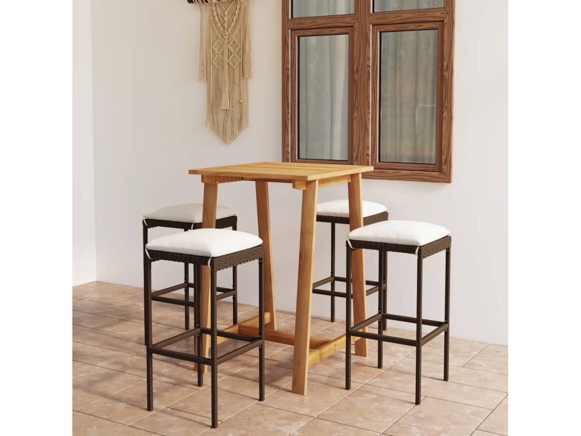 Vidaxl 5 Pcs Conjunto De Bar P/ Jardim Com Almofadões Castanho