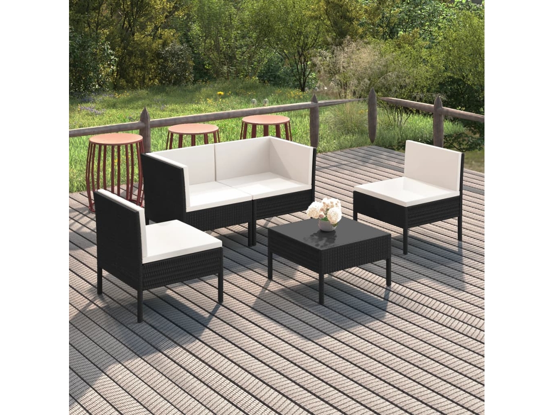 Vidaxl 5 Pcs Conjunto Lounge De Jardim C/ Almofadões Vime Pe Preto