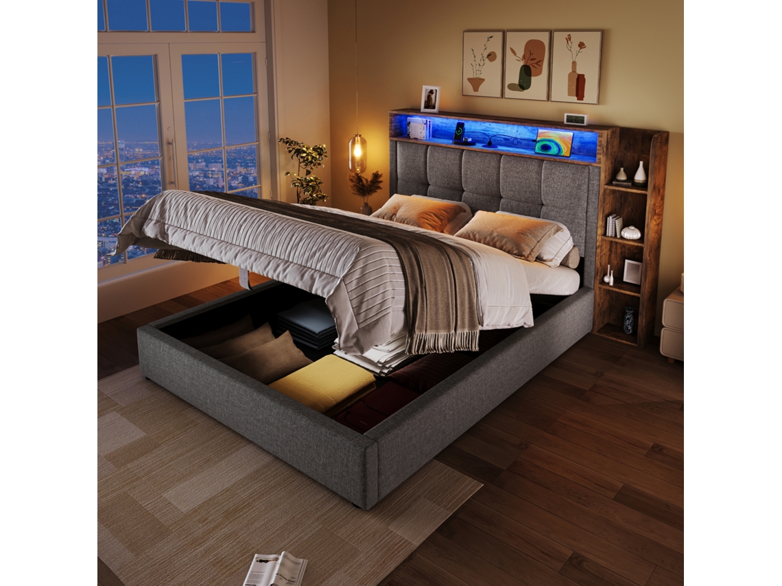 Cama Estofada, 90x200 Cm, Com Função Usb Tipo C, Sem Colchão, Armazenamento Multifuncional, Iluminação Led, Botão/apênciamento, Linho, Cinza-op