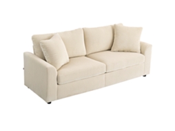 Sofá 3 lugares veludo cotelê creme 212x80x88 cm com 2 almofadas de braço, molas | S/MARCA
