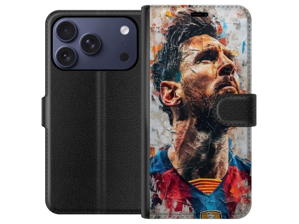 Capa Carteira Compatível Com Apple Iphone 17 Pro. Retrato Artístico De Lionel Messi Com Cores Vibrantes E Estilo Detalhado.