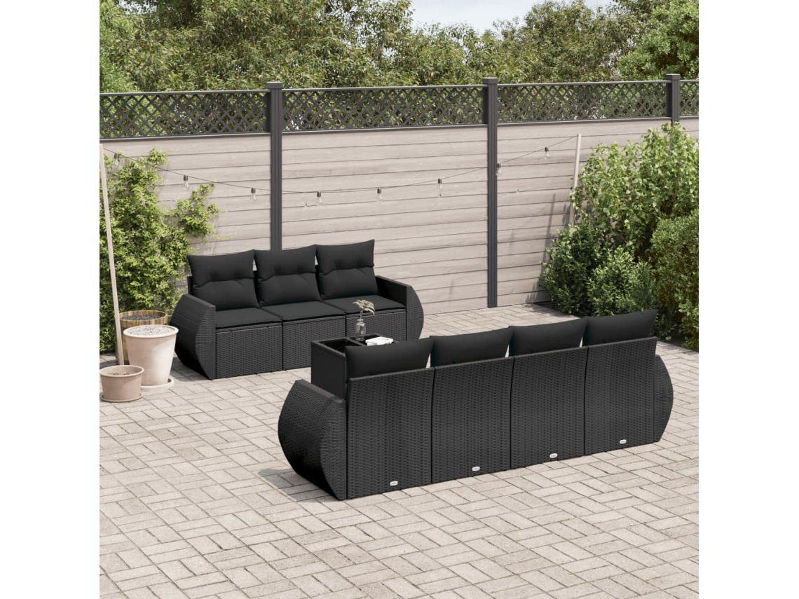 Vidaxl 8 Pcs Conjunto Sofás De Jardim Com Almofadões Vime Pe Preto