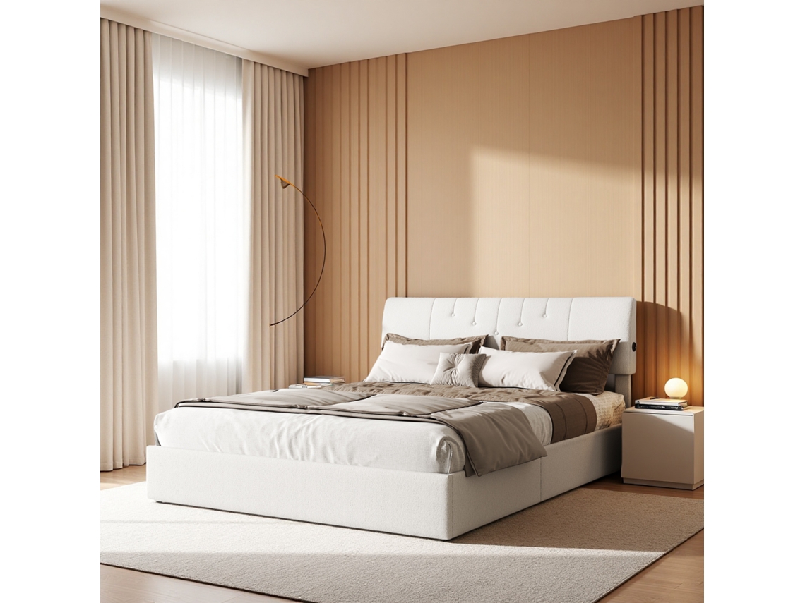 Cama de Casal 160x200 Cm em Veludo Teddy Creme, Led, Mola a Gás, Usb Laterais, SIMURQ
